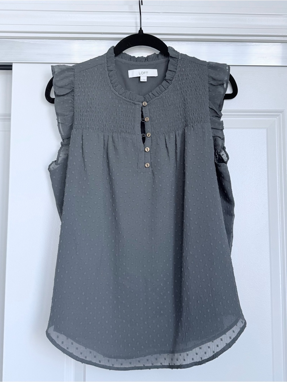 LOFT Charcoal Gray Swiss Dot Ruffle Cap-Sleeve Blouse
